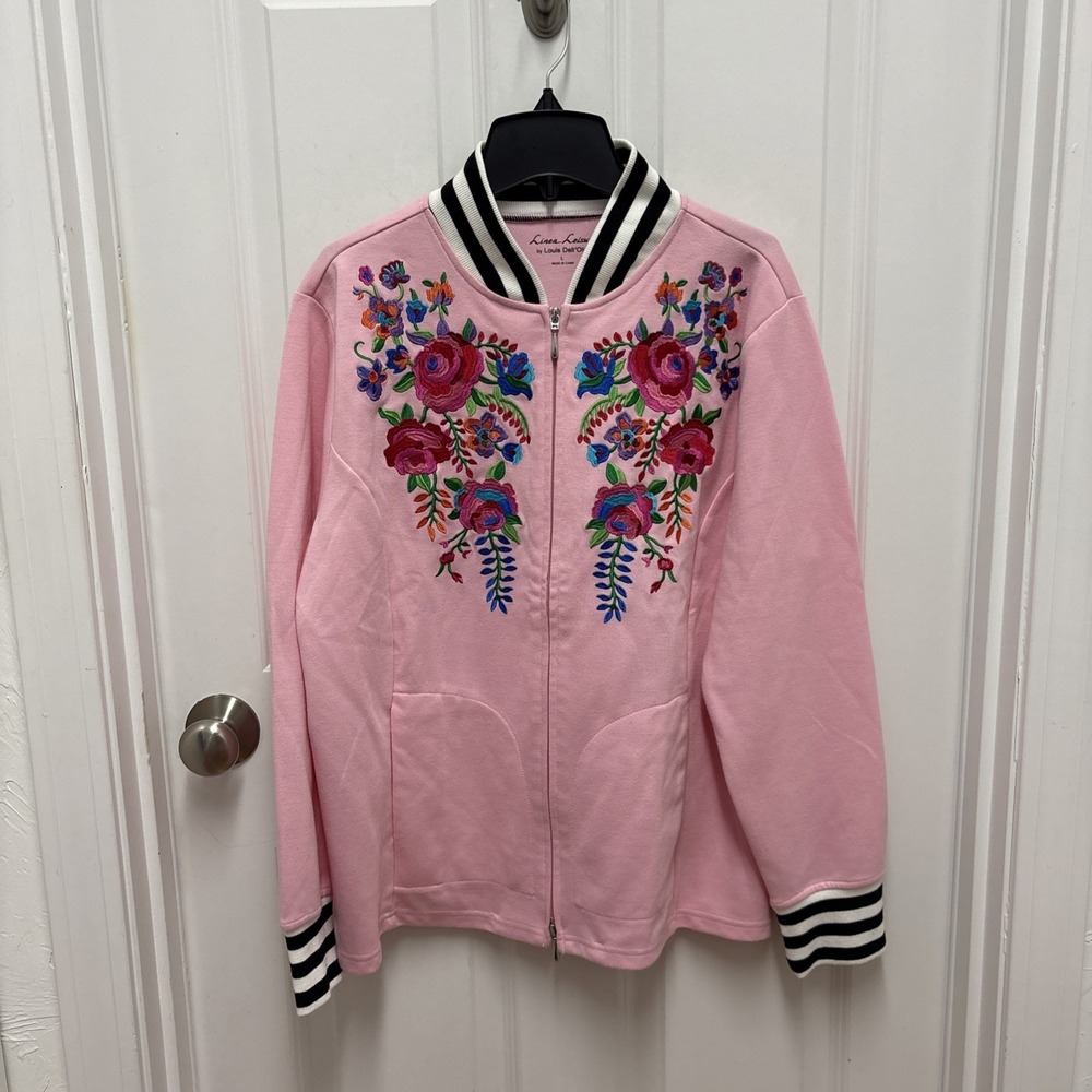Linea by Louis Dell'Olio Woman's Pink Floral Embroidered Full Zip Jacket- Large